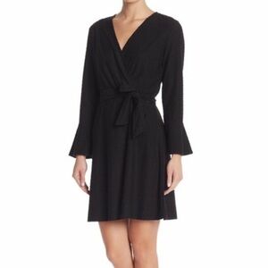 NWOT SPENSE 3/4 Sleeve Textured Knit Dress Black Swiss Dot Bell Sleeve Faux Wrap
